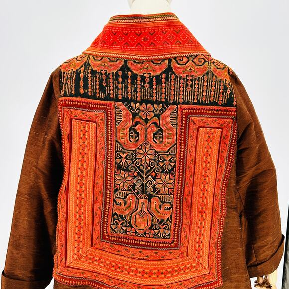 Vintage 90s Hmong Brown Silk Embroidered Thai Tribal Jacket - Picture 2 of 8